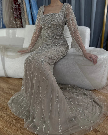 Luxury Dubai Arabic Nued Cape Sleeves Mermaid Saudi Evening Dresses Beaded Luxury Party Gowns for Formal Occasion LA72261B - SERENE HILL