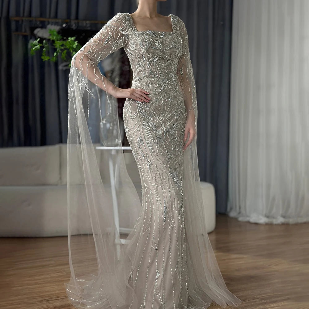Luxury Dubai Arabic Nued Cape Sleeves Mermaid Saudi Evening Dresses Beaded Luxury Party Gowns for Formal Occasion LA72261B - SERENE HILL