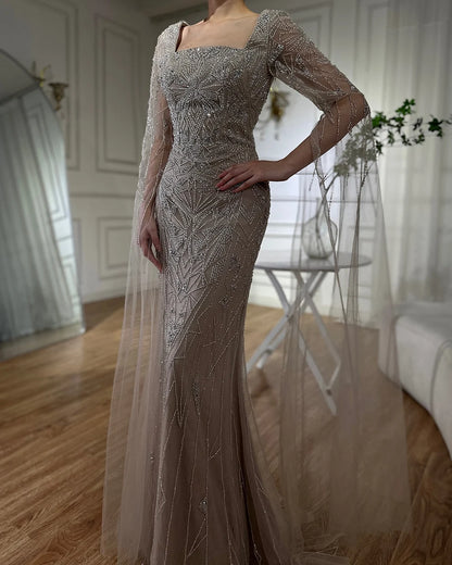 Luxury Dubai Arabic Nued Cape Sleeves Mermaid Saudi Evening Dresses Beaded Luxury Party Gowns for Formal Occasion LA72261B - SERENE HILL
