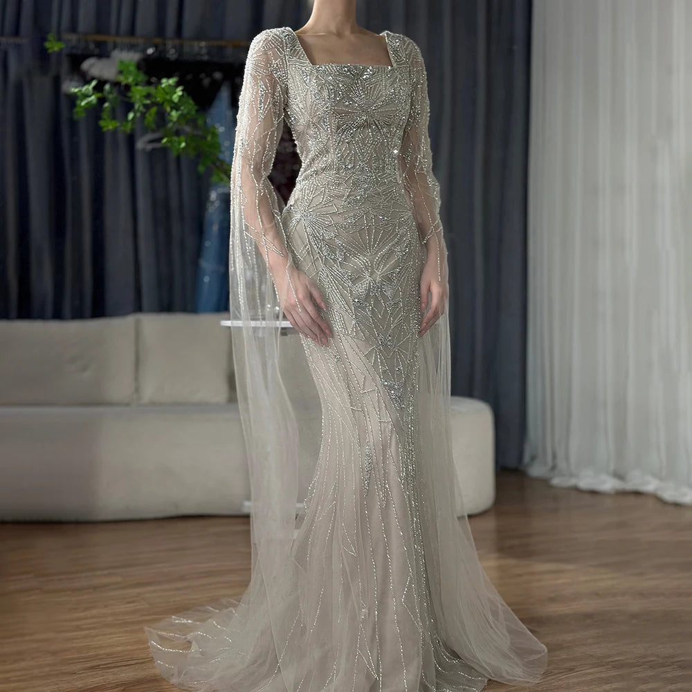 Luxury Dubai Arabic Nued Cape Sleeves Mermaid Saudi Evening Dresses Beaded Luxury Party Gowns for Formal Occasion LA72261B - SERENE HILL