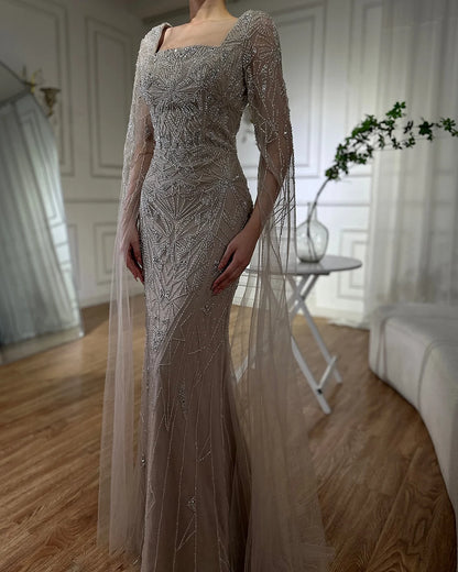 Luxury Dubai Arabic Nued Cape Sleeves Mermaid Saudi Evening Dresses Beaded Luxury Party Gowns for Formal Occasion LA72261B - SERENE HILL