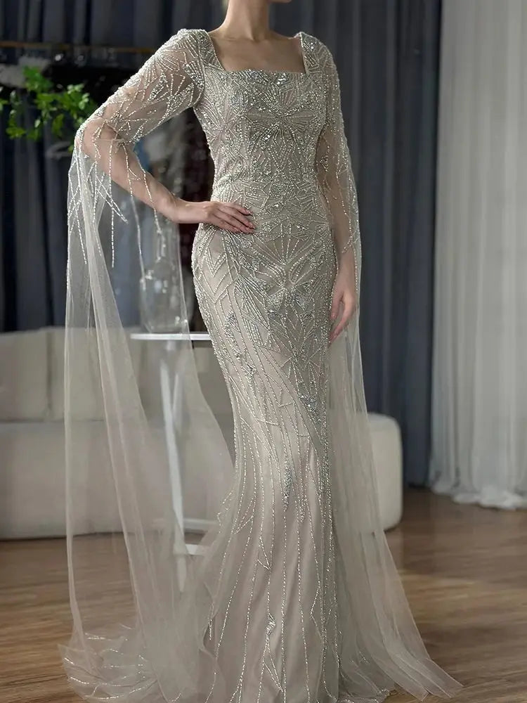 Luxury Dubai Arabic Nued Cape Sleeves Mermaid Saudi Evening Dresses Beaded Luxury Party Gowns for Formal Occasion LA72261B - SERENE HILL