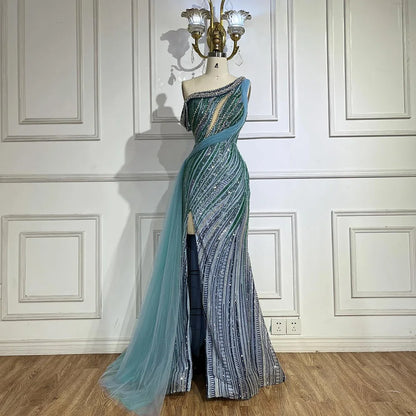 Luxury Dubai Arabic One-Shoulder High Split Blue Mermaid Gown Luxury Beaded Saudi Evening Dress for Formal Occasion LA72718 - SERENE HILL