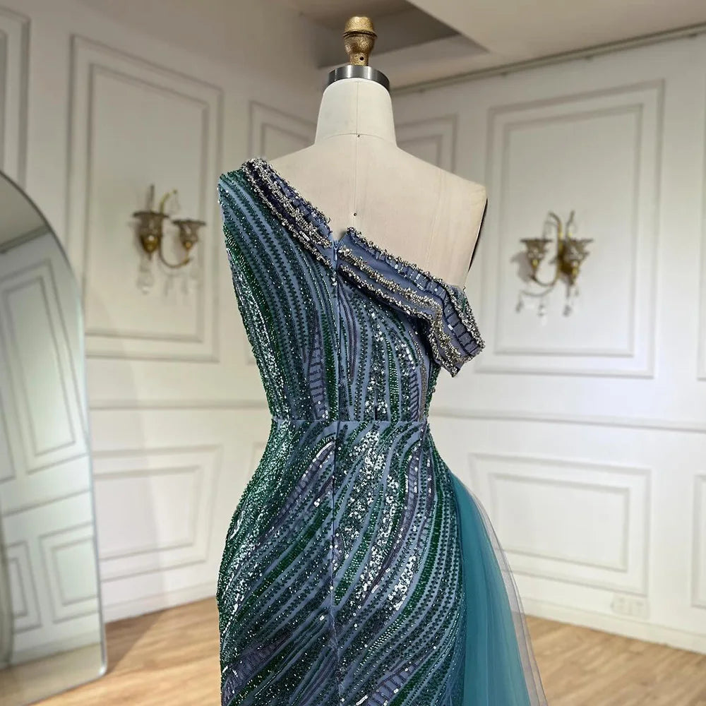 Luxury Dubai Arabic One-Shoulder High Split Blue Mermaid Gown Luxury Beaded Saudi Evening Dress for Formal Occasion LA72718 - SERENE HILL