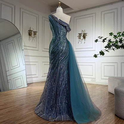 Luxury Dubai Arabic One-Shoulder High Split Blue Mermaid Gown Luxury Beaded Saudi Evening Dress for Formal Occasion LA72718 - SERENE HILL