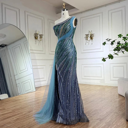 Luxury Dubai Arabic One-Shoulder High Split Blue Mermaid Gown Luxury Beaded Saudi Evening Dress for Formal Occasion LA72718 - SERENE HILL
