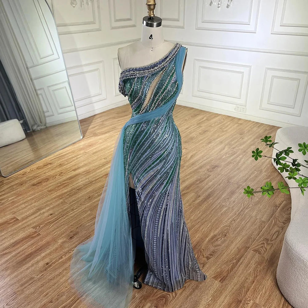 Luxury Dubai Arabic One-Shoulder High Split Blue Mermaid Gown Luxury Beaded Saudi Evening Dress for Formal Occasion LA72718 - SERENE HILL