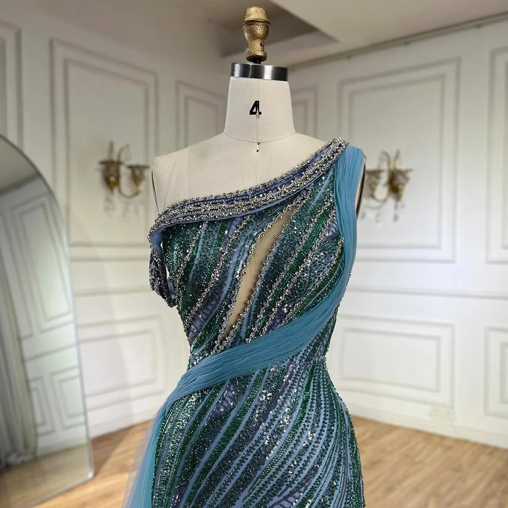Luxury Dubai Arabic One-Shoulder High Split Blue Mermaid Gown Luxury Beaded Saudi Evening Dress for Formal Occasion LA72718 - SERENE HILL
