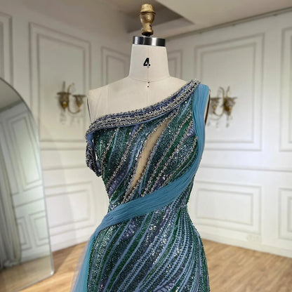 Luxury Dubai Arabic One-Shoulder High Split Blue Mermaid Gown Luxury Beaded Saudi Evening Dress for Formal Occasion LA72718 - SERENE HILL