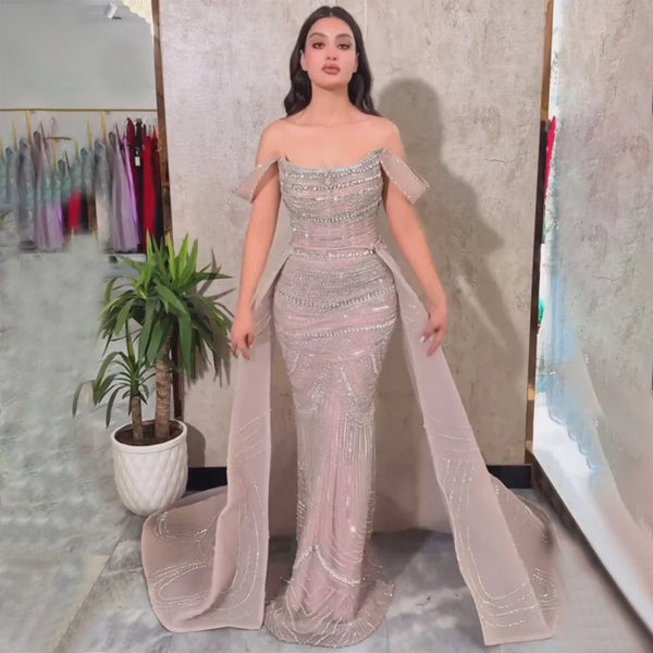 Luxury Pink Mermaid Beaded Evening Gown with Detachable Satin Overskirt LA72781