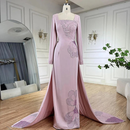 Serene Hill 2025 Arabic Pink Mermaid Elegant Beaded Satin Luxury Dubai Evening Dresses Gowns For Women Party LA72001A - SERENE HILL