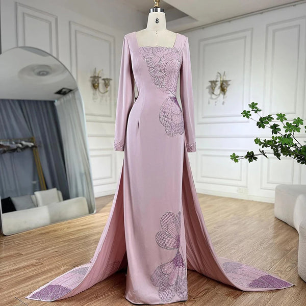 Serene Hill 2025 Arabic Pink Mermaid Elegant Beaded Satin Luxury Dubai Evening Dresses Gowns For Women Party LA72001A