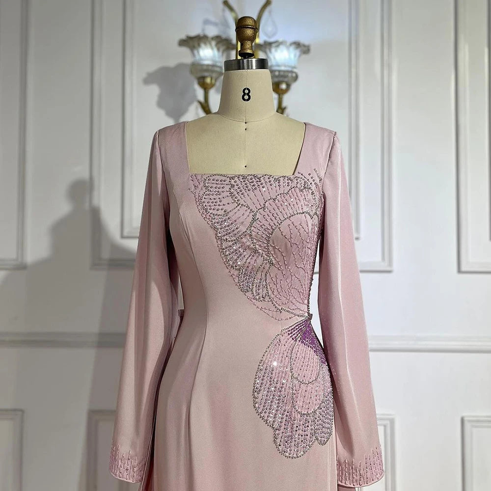 Serene Hill 2025 Arabic Pink Mermaid Elegant Beaded Satin Luxury Dubai Evening Dresses Gowns For Women Party LA72001A - SERENE HILL