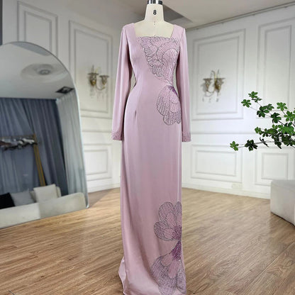 Serene Hill 2025 Arabic Pink Mermaid Elegant Beaded Satin Luxury Dubai Evening Dresses Gowns For Women Party LA72001A - SERENE HILL