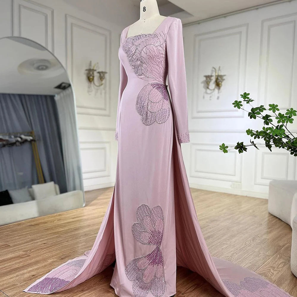 Serene Hill 2025 Arabic Pink Mermaid Elegant Beaded Satin Luxury Dubai Evening Dresses Gowns For Women Party LA72001A - SERENE HILL