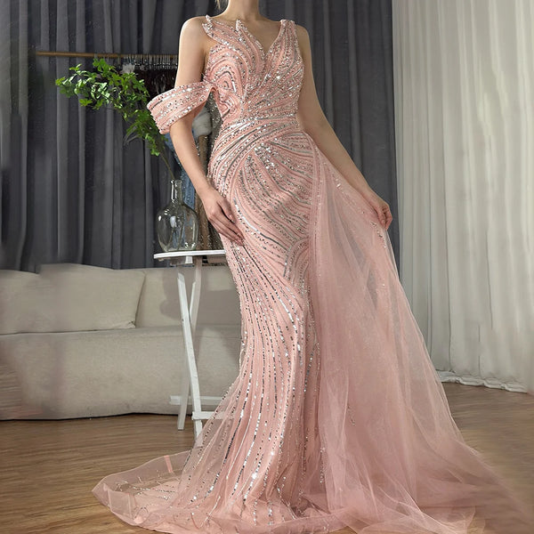 Luxury Dubai  Arabic Pink Mermaid Elegant One Shoulder Beaded Long Evening Dresses Gowns for Formal Occasion LA72662A