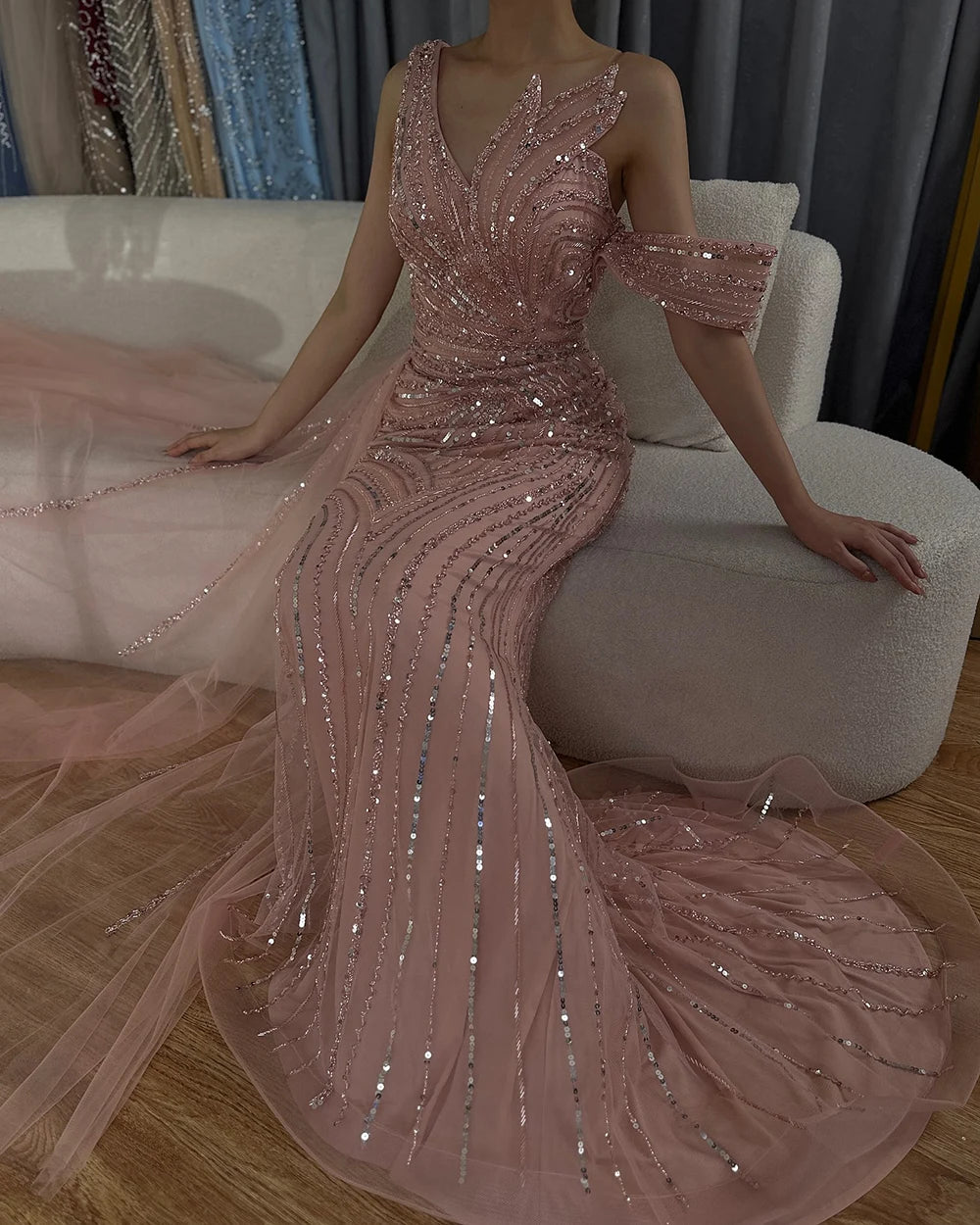 Luxury Dubai Arabic Pink Mermaid Elegant One Shoulder Beaded Long Evening Dresses Gowns for Formal Occasion LA72662A - SERENE HILL