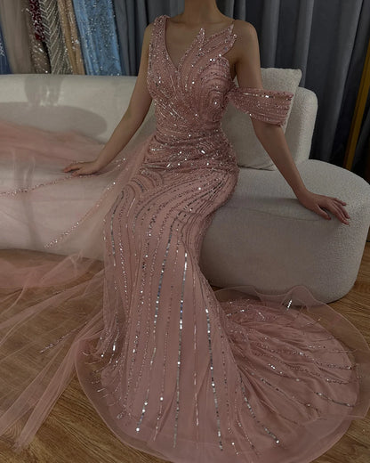 Luxury Dubai Arabic Pink Mermaid Elegant One Shoulder Beaded Long Evening Dresses Gowns for Formal Occasion LA72662A - SERENE HILL
