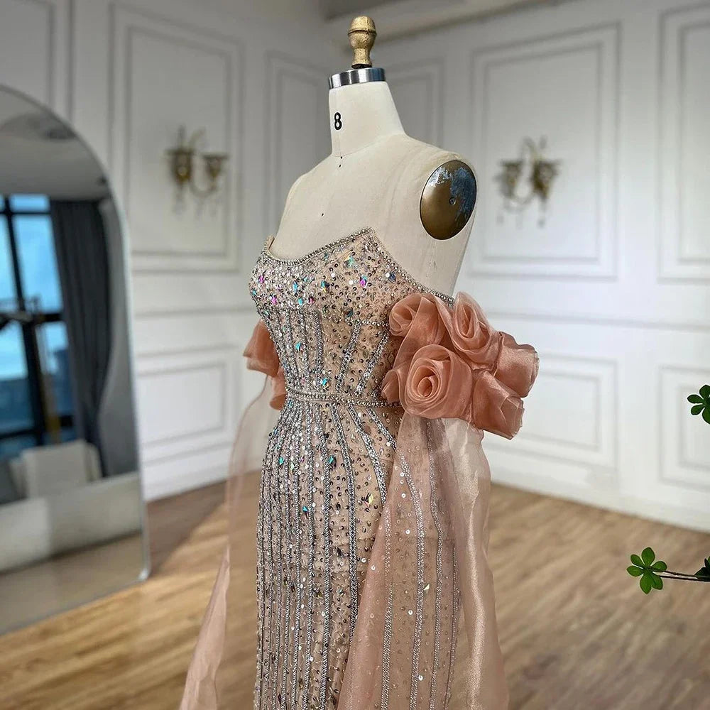 Luxury Pink Beaded Mermaid Evening Dress with Puff Sleeves LA72569 - SERENE HILL