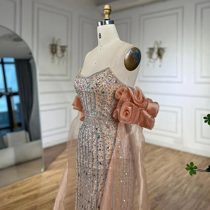 Luxury Pink Beaded Mermaid Evening Dress with Puff Sleeves LA72569 - SERENE HILL