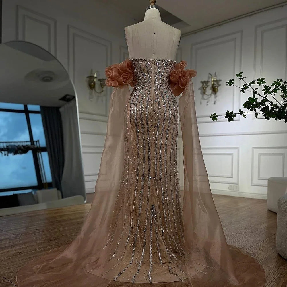Luxury Pink Beaded Mermaid Evening Dress with Puff Sleeves LA72569 - SERENE HILL
