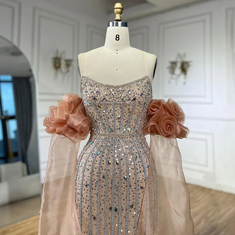 Luxury Pink Beaded Mermaid Evening Dress with Puff Sleeves LA72569 - SERENE HILL