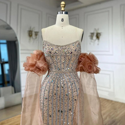Luxury Pink Beaded Mermaid Evening Dress with Puff Sleeves LA72569 - SERENE HILL