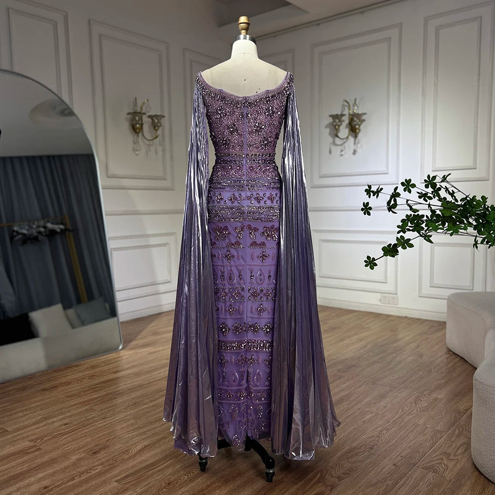 Serene Hill 2025 Arabic Purple Cape Sleeves Mermaid Dubai Beaded Luxury Evening Dresses for Women Wedding Party Gowns LA72175 - SERENE HILL