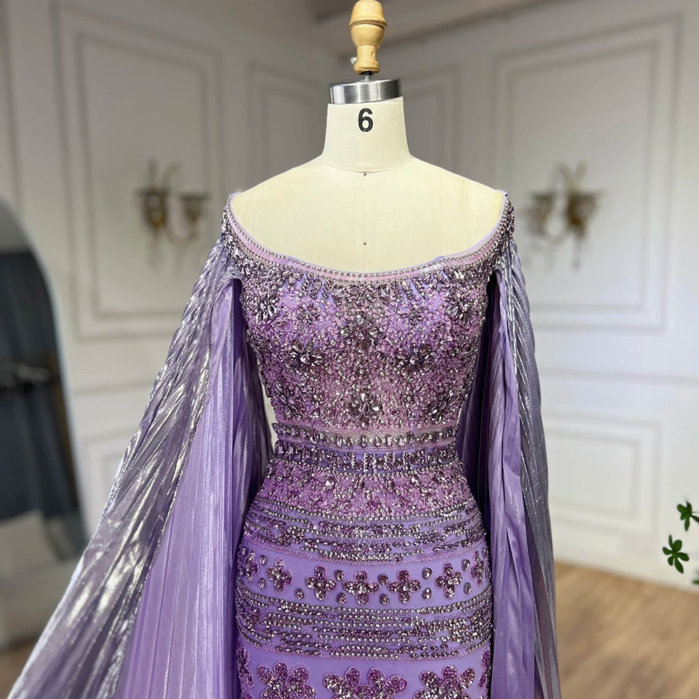 Serene Hill 2025 Arabic Purple Cape Sleeves Mermaid Dubai Beaded Luxury Evening Dresses for Women Wedding Party Gowns LA72175 - SERENE HILL