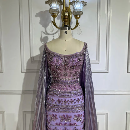Serene Hill 2025 Arabic Purple Cape Sleeves Mermaid Dubai Beaded Luxury Evening Dresses for Women Wedding Party Gowns LA72175 - SERENE HILL