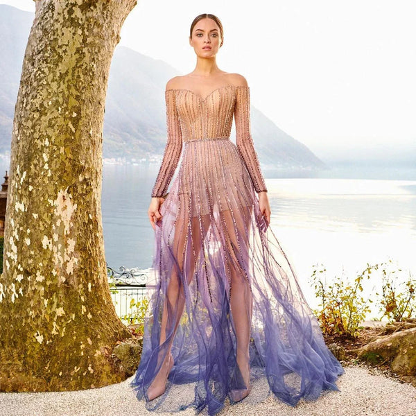 Luxury Dubai  Arabic Purple Elegant A-Line Beaded Long Evening Dresses Gowns for Formal Occasion LA72752
