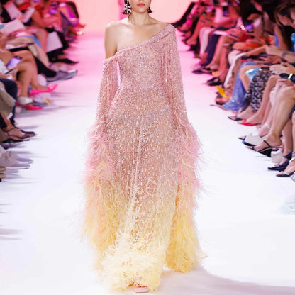 Luxury Feather One Shoulder Evening Dress with Cape Sleeves LA72763 - SERENE HILL
