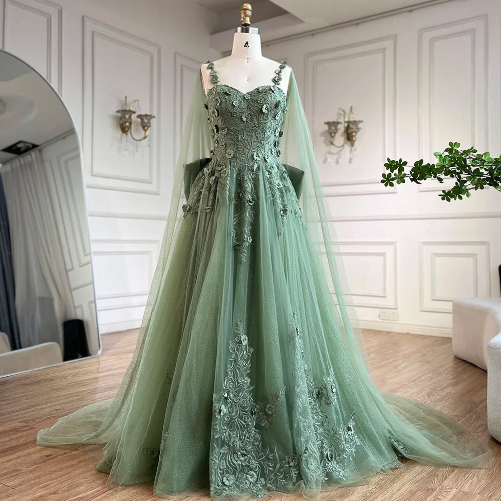 Serene Hill 2025 Arabic Sage Green Spaghetti Strap Lace-Up Bow A-Line Appliques Prom Dress for Women Wedding Party LA72642 - SERENE HILL