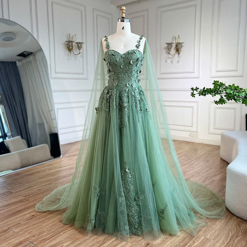 Serene Hill 2025 Arabic Sage Green Spaghetti Strap Lace-Up Bow A-Line Appliques Prom Dress for Women Wedding Party LA72642 - SERENE HILL