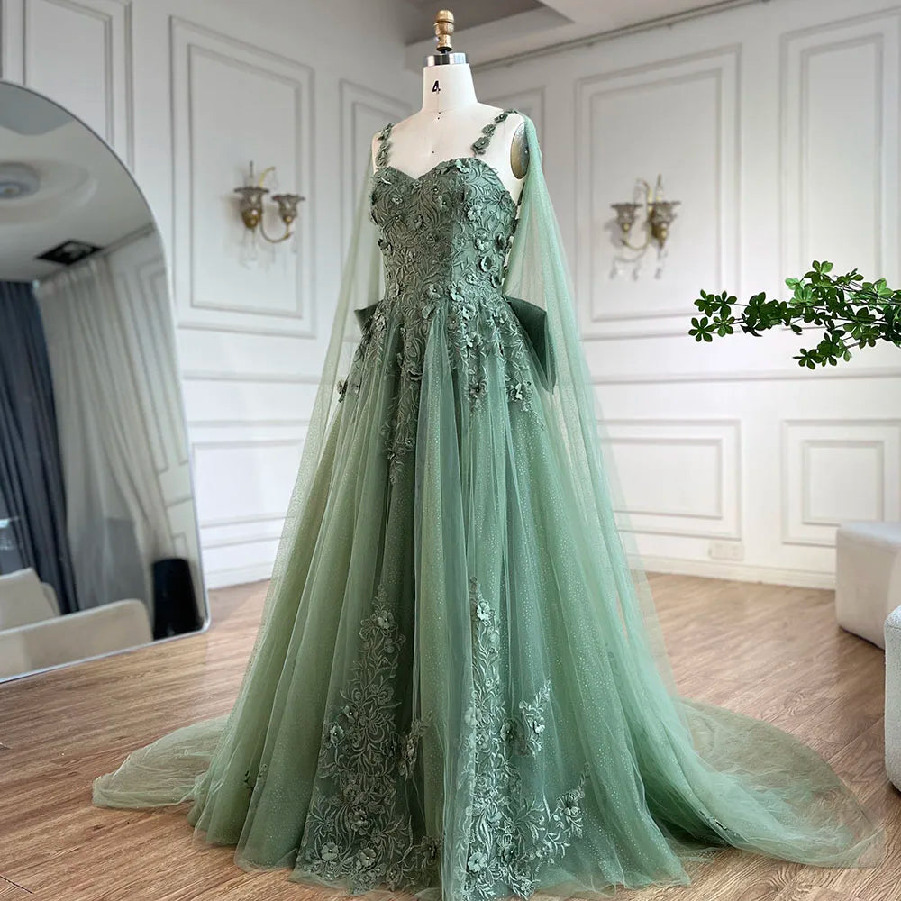 Serene Hill 2025 Arabic Sage Green Spaghetti Strap Lace-Up Bow A-Line Appliques Prom Dress for Women Wedding Party LA72642 - SERENE HILL