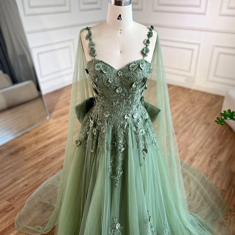 Serene Hill 2025 Arabic Sage Green Spaghetti Strap Lace-Up Bow A-Line Appliques Prom Dress for Women Wedding Party LA72642 - SERENE HILL