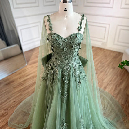 Serene Hill 2025 Arabic Sage Green Spaghetti Strap Lace-Up Bow A-Line Appliques Prom Dress for Women Wedding Party LA72642 - SERENE HILL