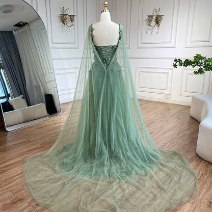 Serene Hill 2025 Arabic Sage Green Spaghetti Strap Lace-Up Bow A-Line Appliques Prom Dress for Women Wedding Party LA72642 - SERENE HILL