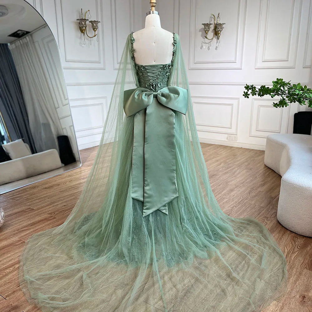 Serene Hill 2025 Arabic Sage Green Spaghetti Strap Lace-Up Bow A-Line Appliques Prom Dress for Women Wedding Party LA72642 - SERENE HILL