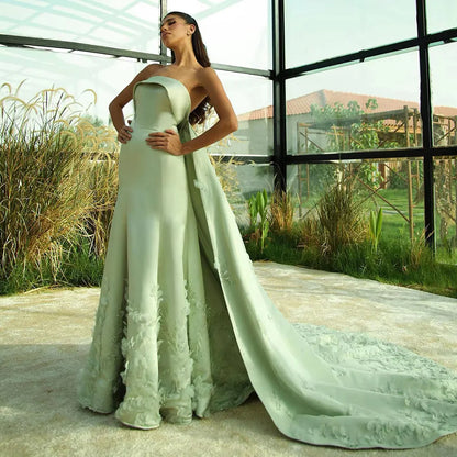 Luxury Dubai Arabic Sage Green Satin A Line Luxury Crystal Appliques Evening Gown for Formal Occasion LA72724 - SERENE HILL