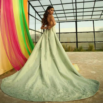 Luxury Dubai Arabic Sage Green Satin A Line Luxury Crystal Appliques Evening Gown for Formal Occasion LA72724 - SERENE HILL
