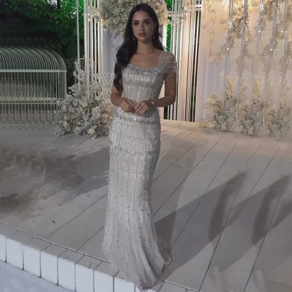 Luxury White Mermaid Beaded Evening Dress with Short Sleeves LA72714