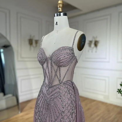 Serene Hill 2025 Arabic Spaghetti Strap Pink Mermaid Overskirt Beaded Evening Dresses Gowns for Women Wedding Party LA72451 - SERENE HILL