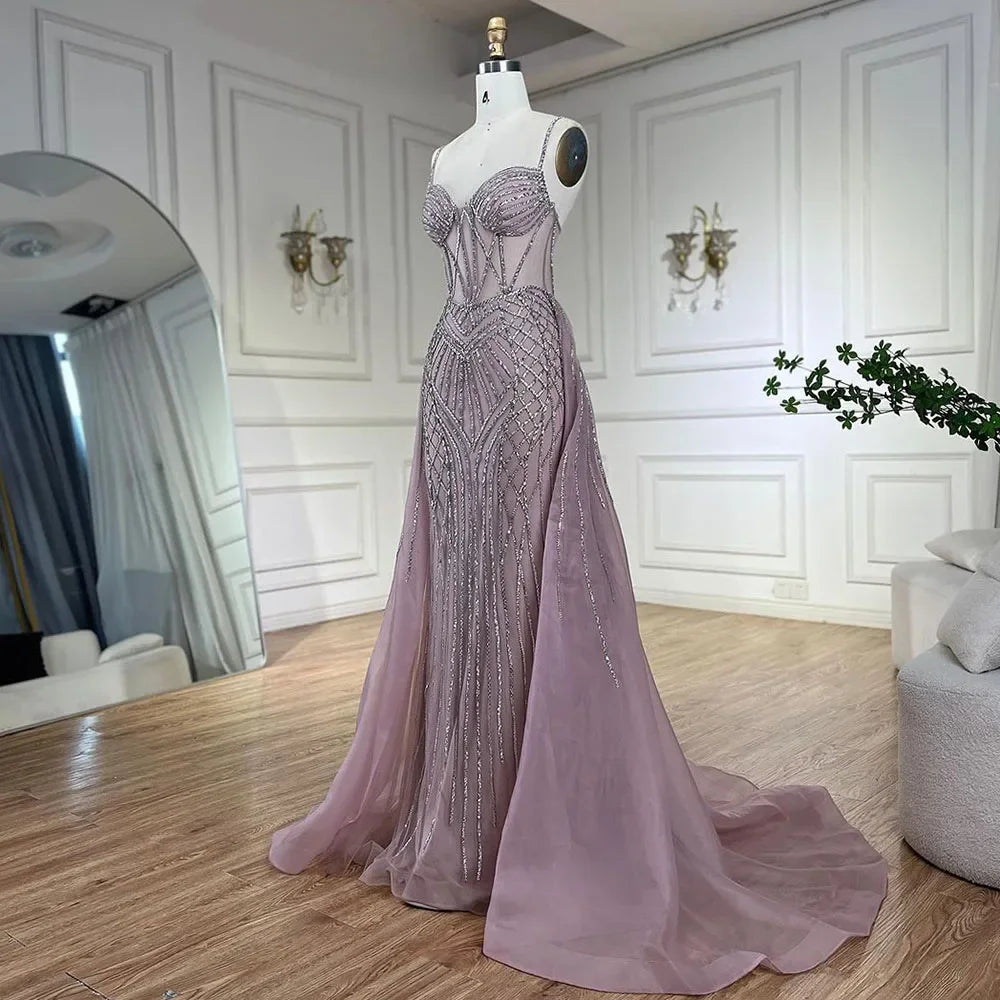 Serene Hill 2025 Arabic Spaghetti Strap Pink Mermaid Overskirt Beaded Evening Dresses Gowns for Women Wedding Party LA72451 - SERENE HILL