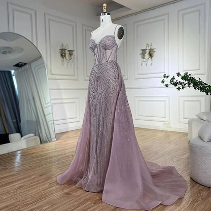 Serene Hill 2025 Arabic Spaghetti Strap Pink Mermaid Overskirt Beaded Evening Dresses Gowns for Women Wedding Party LA72451 - SERENE HILL