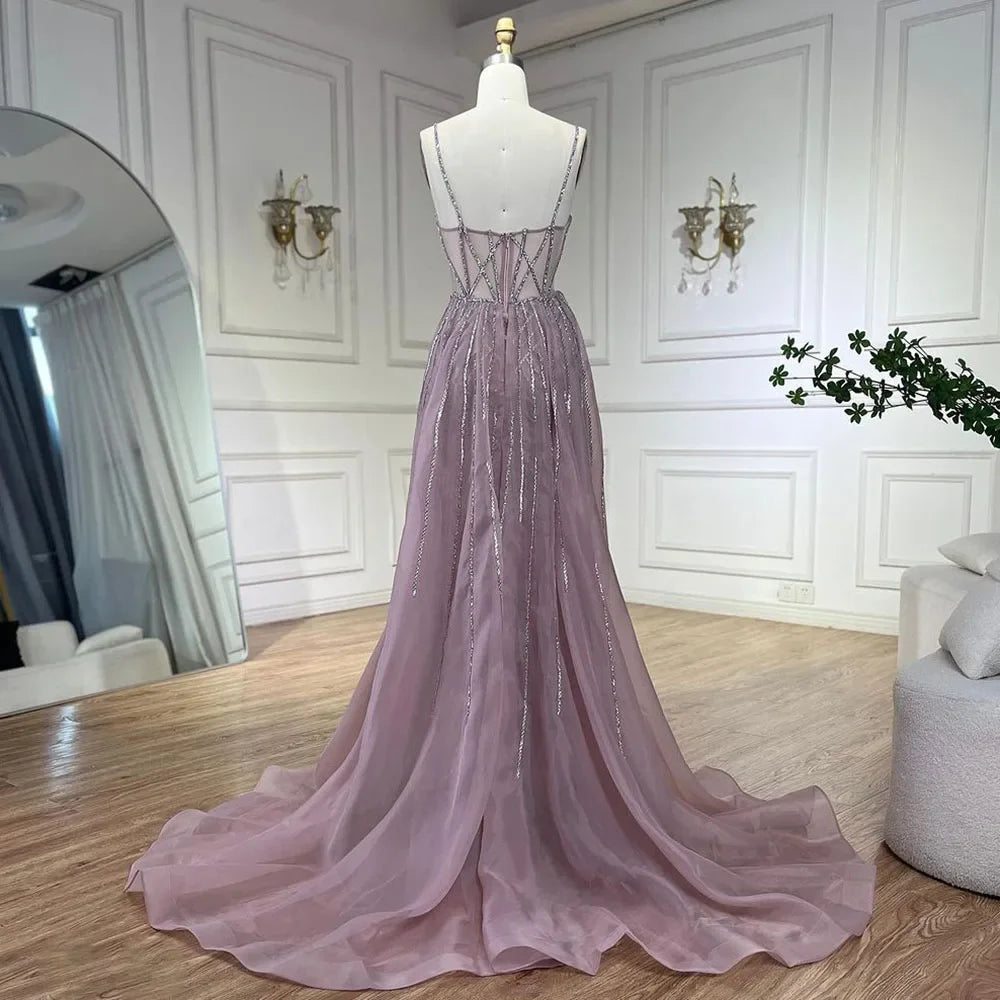 Serene Hill 2025 Arabic Spaghetti Strap Pink Mermaid Overskirt Beaded Evening Dresses Gowns for Women Wedding Party LA72451 - SERENE HILL