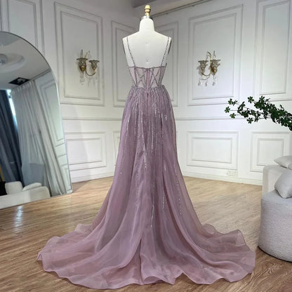 Serene Hill 2025 Arabic Spaghetti Strap Pink Mermaid Overskirt Beaded Evening Dresses Gowns for Women Wedding Party LA72451 - SERENE HILL