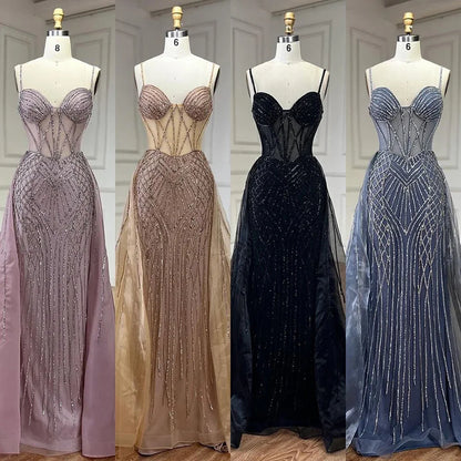 Serene Hill 2025 Arabic Spaghetti Strap Pink Mermaid Overskirt Beaded Evening Dresses Gowns for Women Wedding Party LA72451 - SERENE HILL