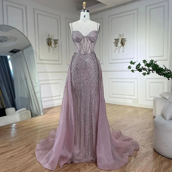 Serene Hill 2025 Arabic Spaghetti Strap Pink Mermaid Overskirt Beaded Evening Dresses Gowns for Women Wedding Party LA72451