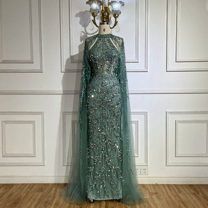 Luxury Caramel Arabic Beaded Mermaid Evening Dress with Cape Sleeves LA72652 - SERENE HILL